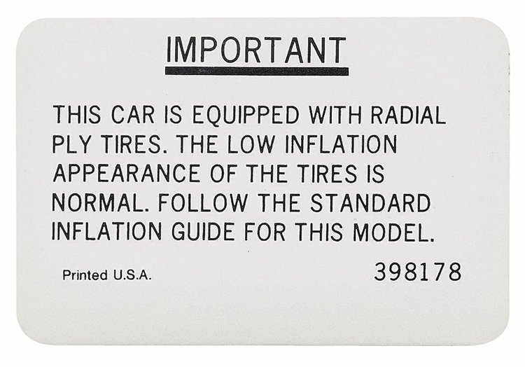 Decal 67-68 Cutlass Tire Pressure Except 442