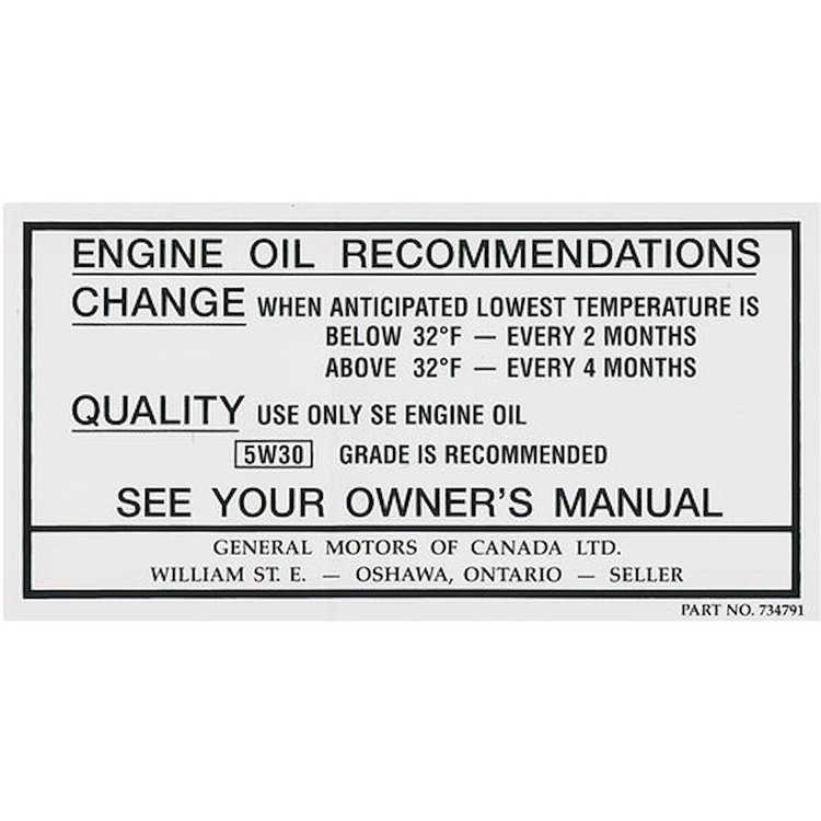 Decal 68-69 Cutlass Oil Change Canada