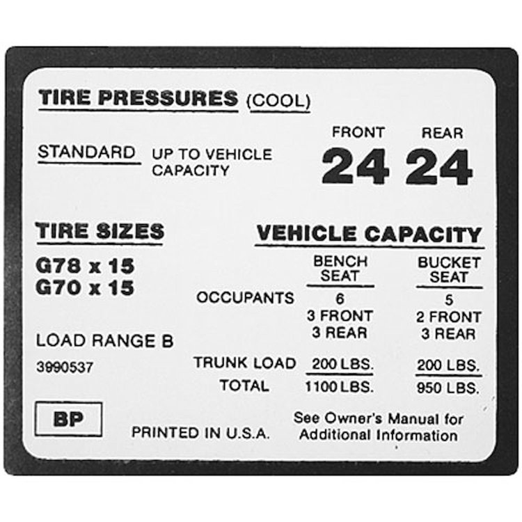 Decal 71-72 Monte Carlo Glove Box Tire Pressure