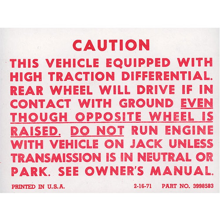 Decal 72-78 GM A Body Trunk Posi-Traction Label