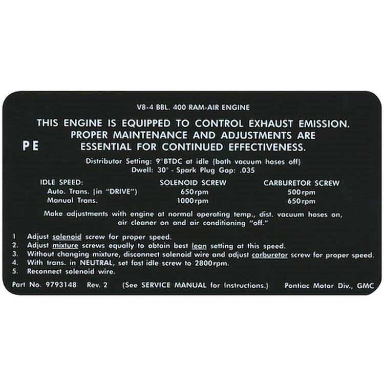 Decal 68 Pontiac Emissions 400 Ram Air PE