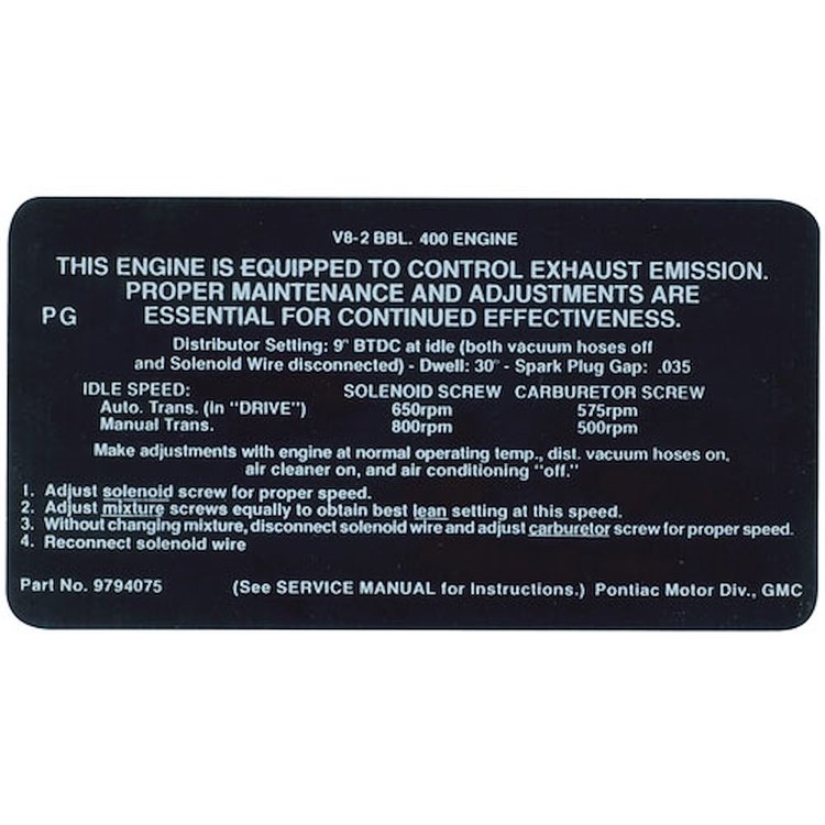Decal 68 Pontiac Emissions 400 2V PG 9794075
