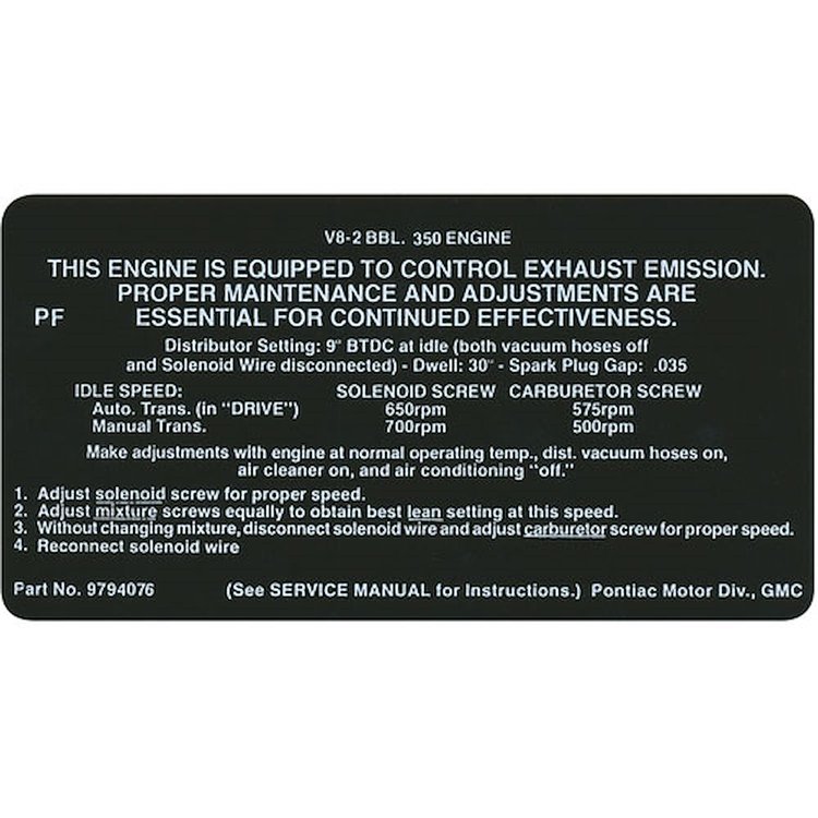 Decal 68 Pontiac Emissions 350-2V PF 9794076