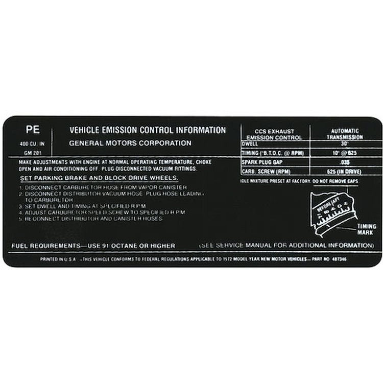 Decal 72 Pontiac Emissions 400-2V PE 487346