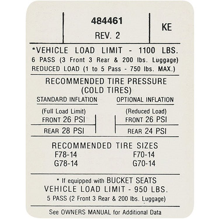 Decal 71 GTO Lemans Tire Pressure KE