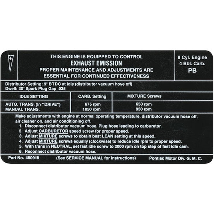 Decal 70 Pontiac Emissions 4 barrel PB 480918