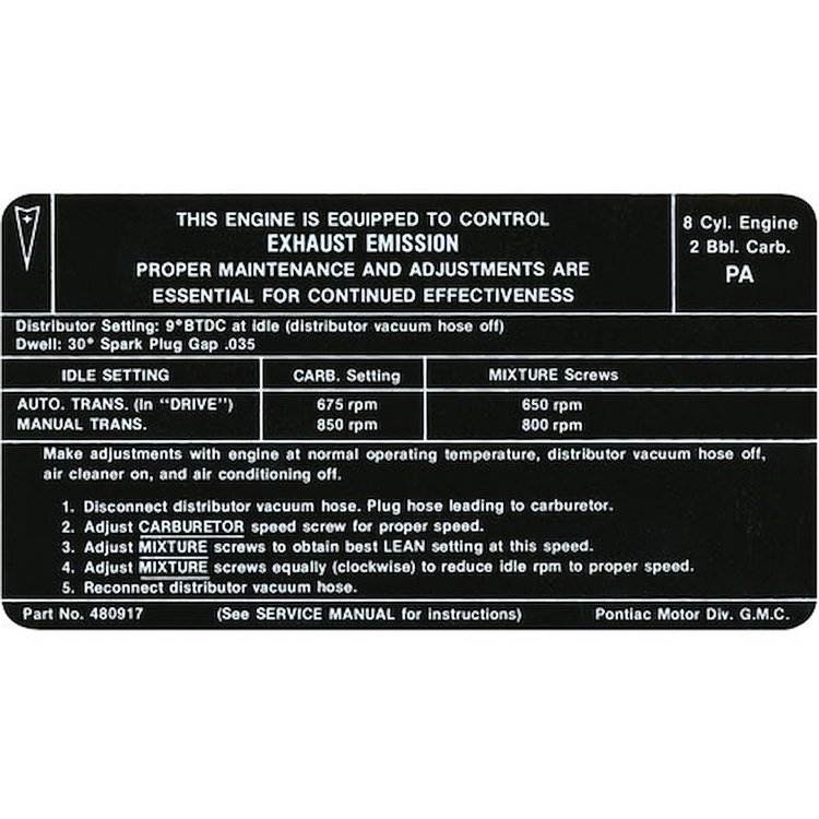 Decal 70 Pontiac Emissions 2 Barrel PD 9794545