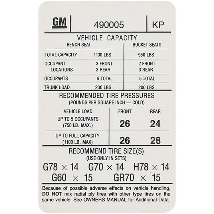 Decal 73 GTO Lemans Tire Pressure KP