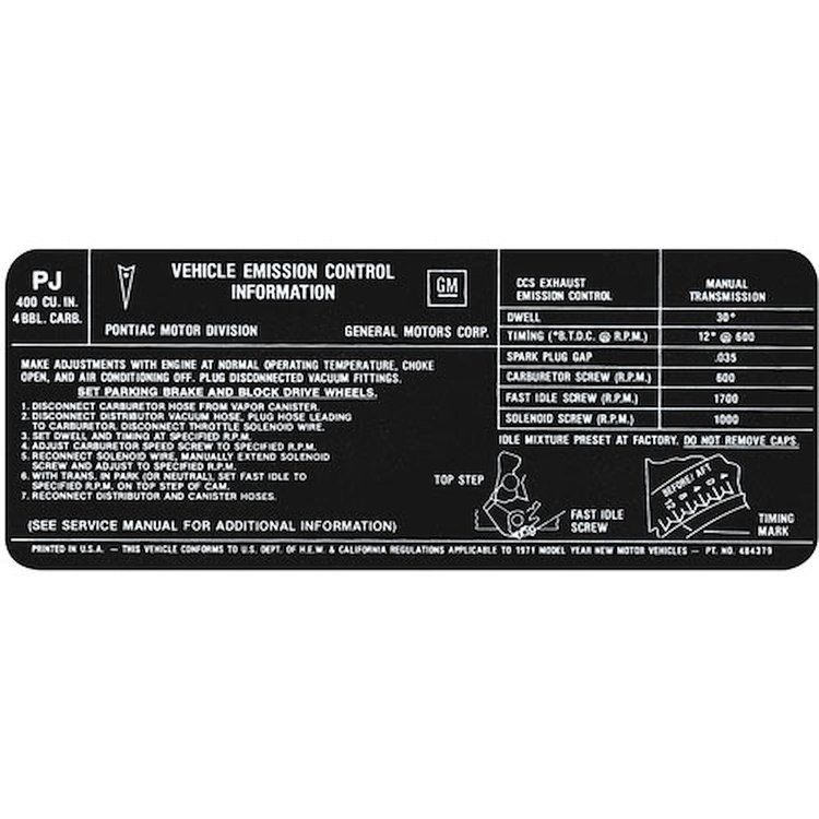 Decal 71 Pontiac Emissions 400 4V MT PJ 484379