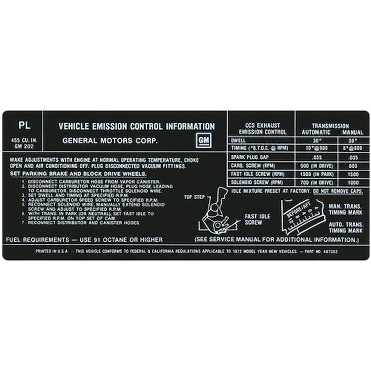 Decal 72 Pontiac Emissions 455-4V PL 487352