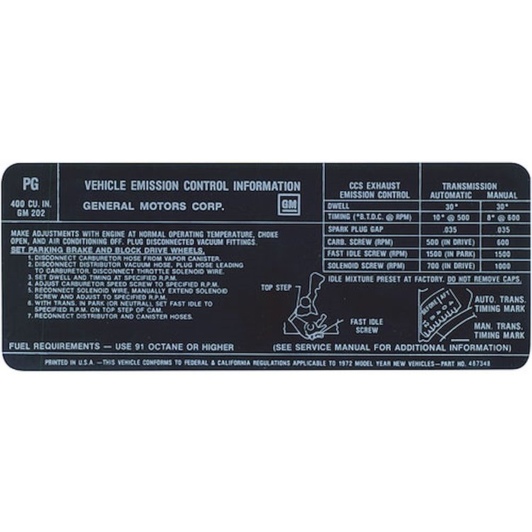 Decal 72 Pontiac Emissions 400-4V PG 487348