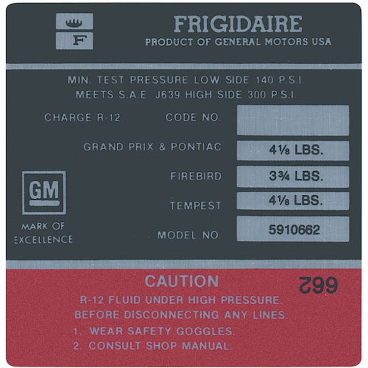 Decal 68-70 Pontiac Air Conditioning Compressor Frigidaire