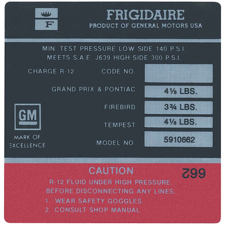 Decal 71 Pontiac Air Conditioning Compressor Frigidaire