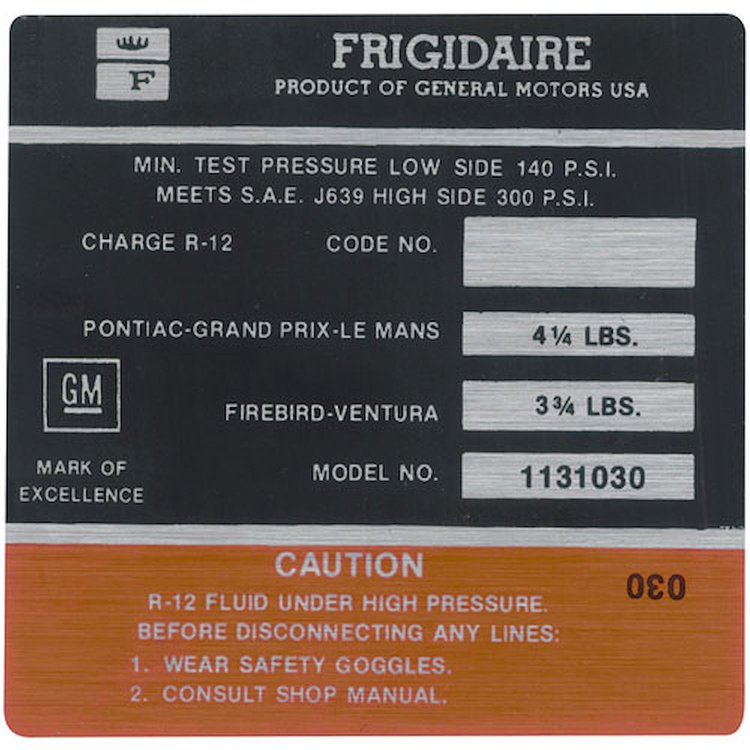 Decal 73 Pontiac Air Conditioning Compressor Frigidaire