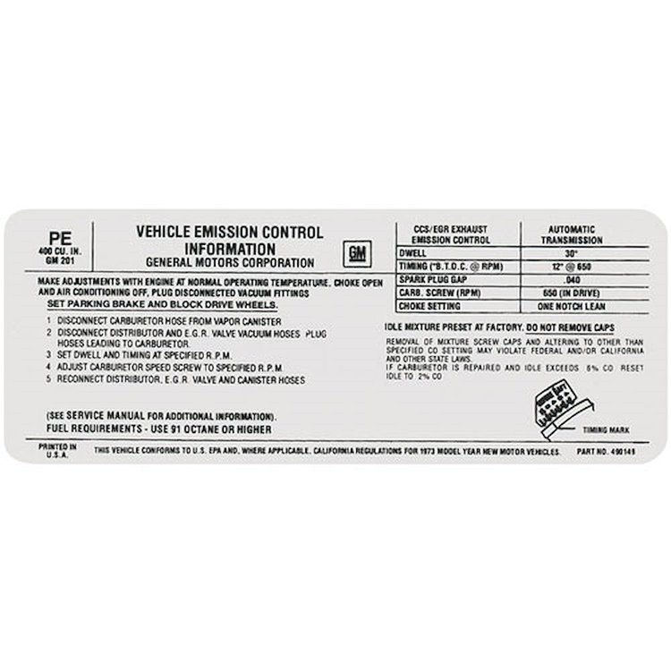 Decal 73 Pontiac Emissions 400 AT PE 490149