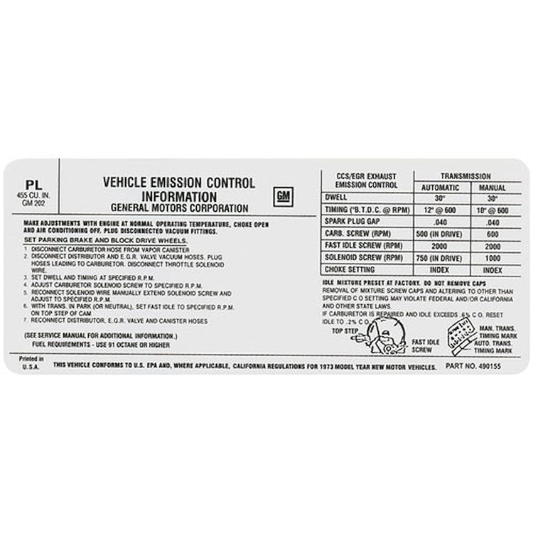 Decal 73 Pontiac Emissions 455 SD PL 490155
