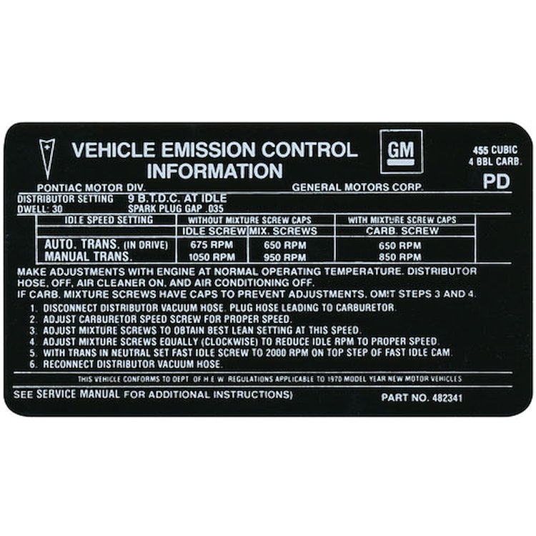 Decal 70 Pontiac Emissions 455 4V PD 482341
