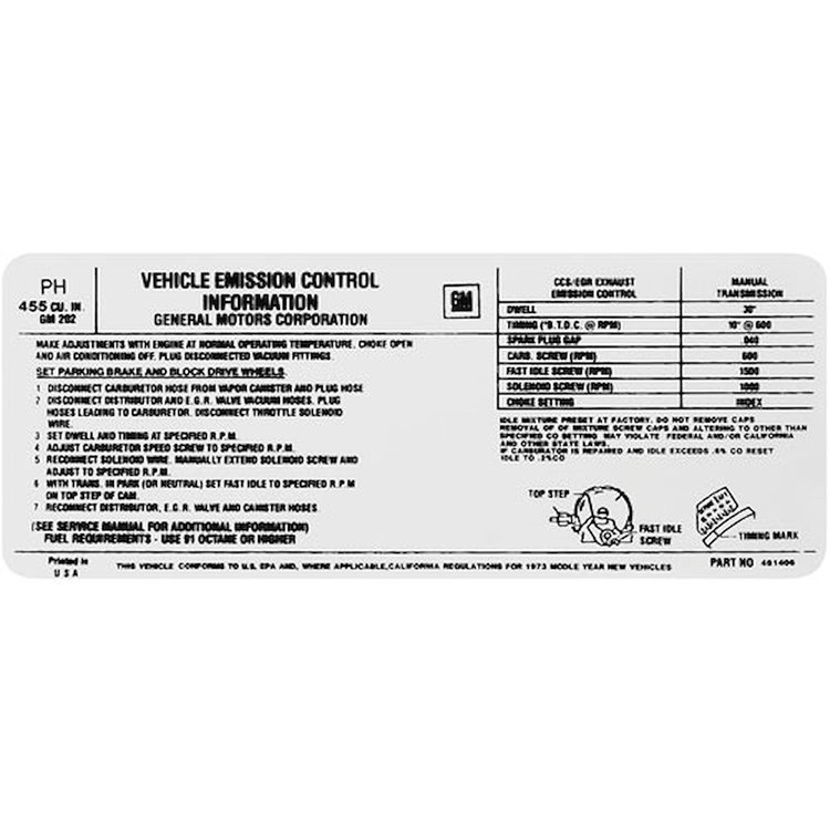 Decal 73 Pontiac Emissions 455 MT PH 491406