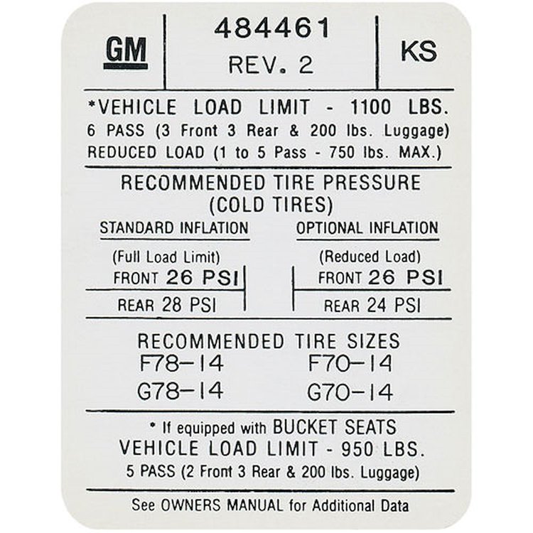 Decal 72 GTO Tempest Lemans Tire Pressure KS