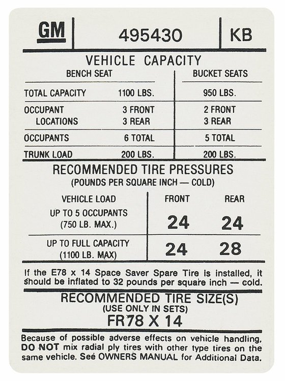 Decal 74 GTO Tempest Lemans Tire Pressure KB