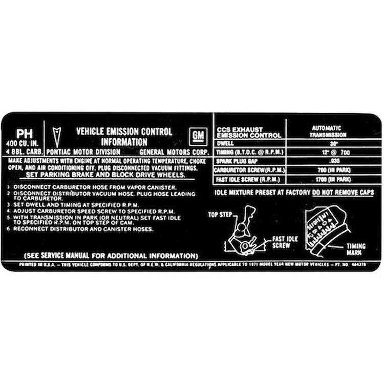 Decal 71 Pontiac Emissions 400-4V AT PH 484378