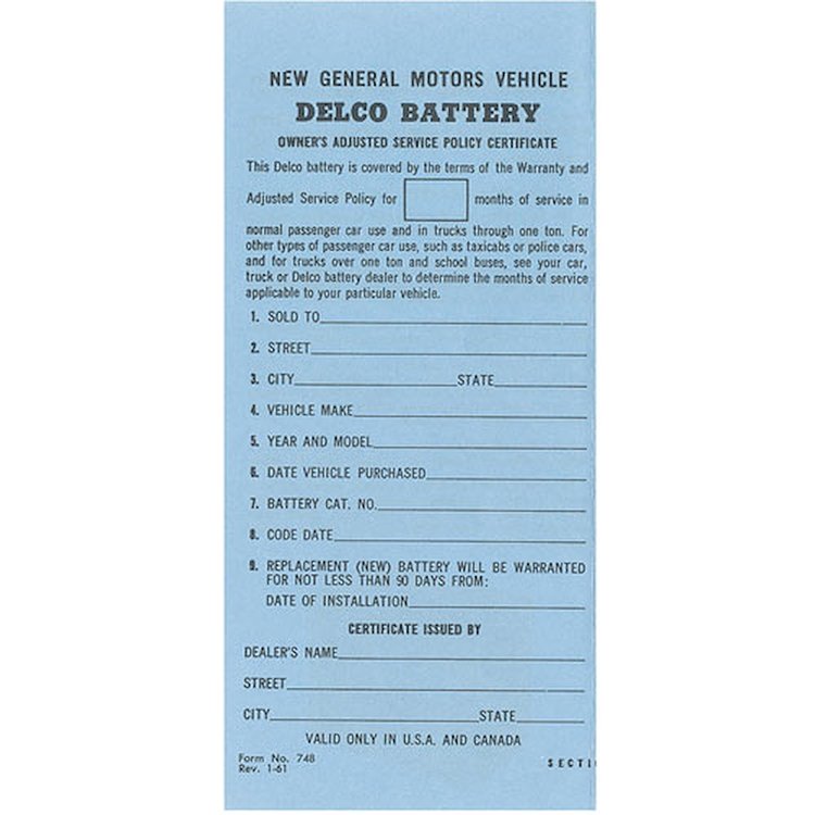 Decal 61-64 GM Interior Owners Certificate Delco Battery