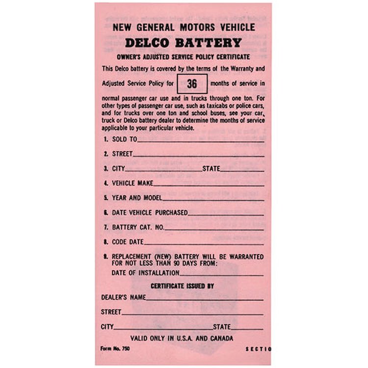 Decal 65-68 GM Interior Owners Certificate Delco Battery