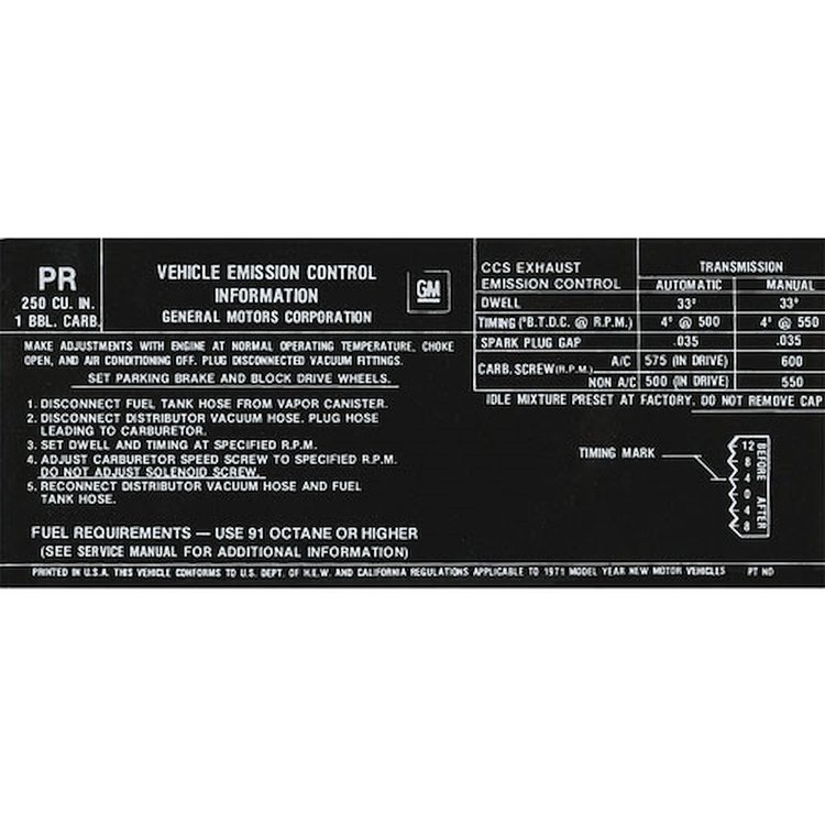 Decal Emissions 1971 Tempest/LeMans 250 6cyl PR 486211