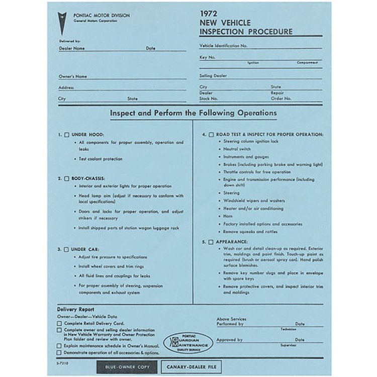 Sheet 72 Pontiac New Car Pre-Delivery Inspection