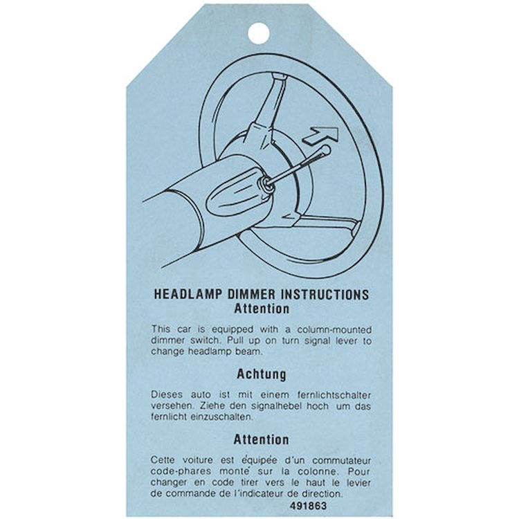 Tag 76-77 Pontiac Headlight Dimmer Instruction