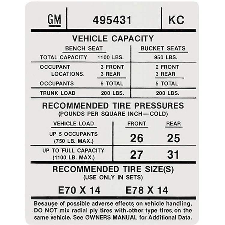 Decal 74 GTO Tempest Lemans Tire Pressure KC