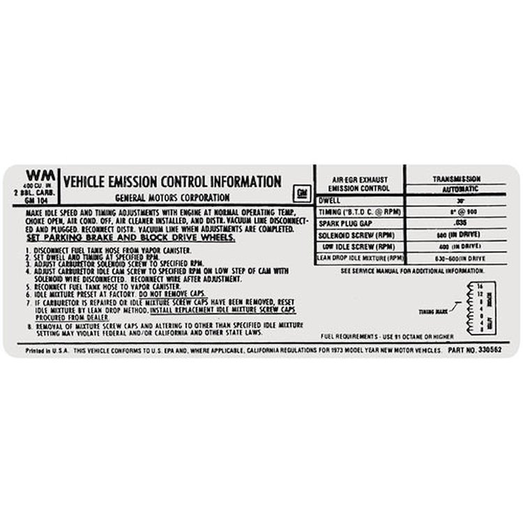 Decal 73 Chevelle/El Camino/Monte Carlo Emissions 400 2V