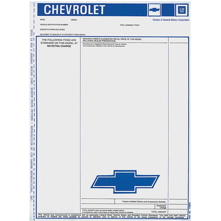 Window Sticker New Car 1976-80 Chevrolet