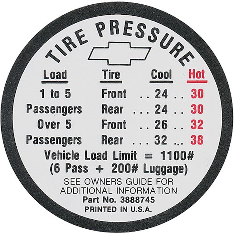 Decal 66 Chevelle/El Camino Tire Pressure Except SS