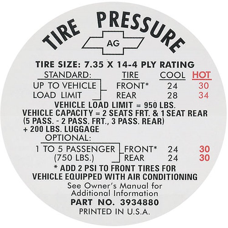Decal 67 Chevelle Tire Pressure w/o AC