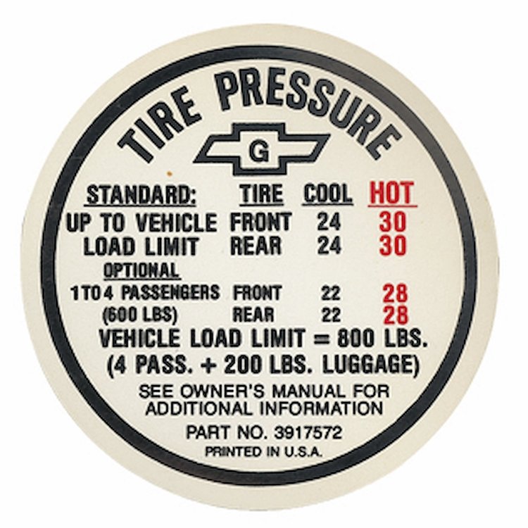 Decal 67 Chevelle Tire Pressure w/ AC