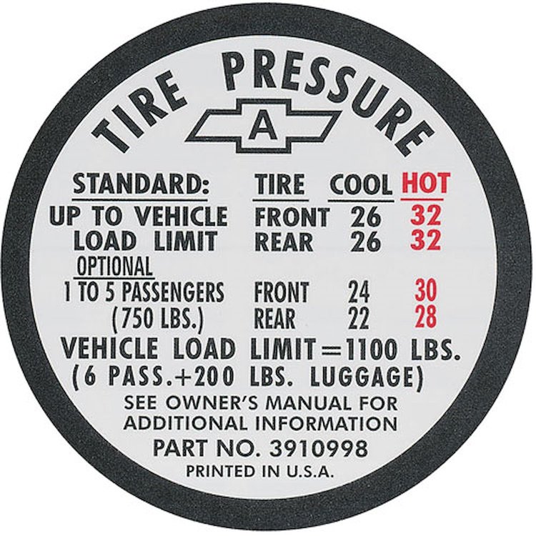 Decal 67 Chevelle Tire Pressure SS