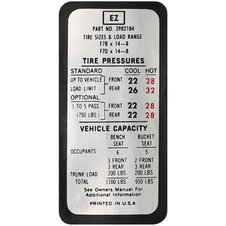 Decal 70 Chevelle Tire Pressure Except SS