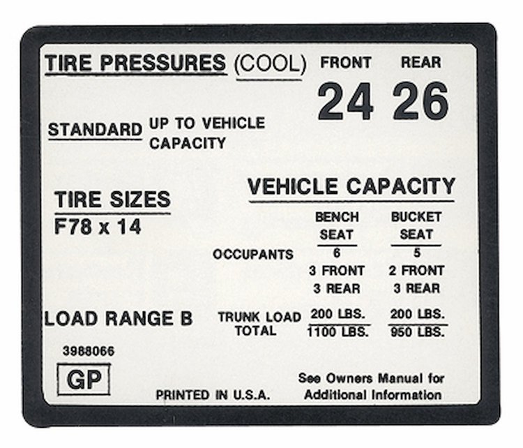 Decal 71 Chevelle Tire Pressure