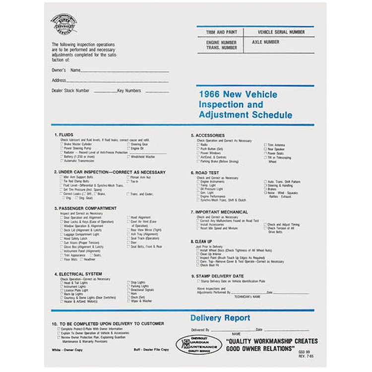 Inspection Sheet 1966 Chevrolet