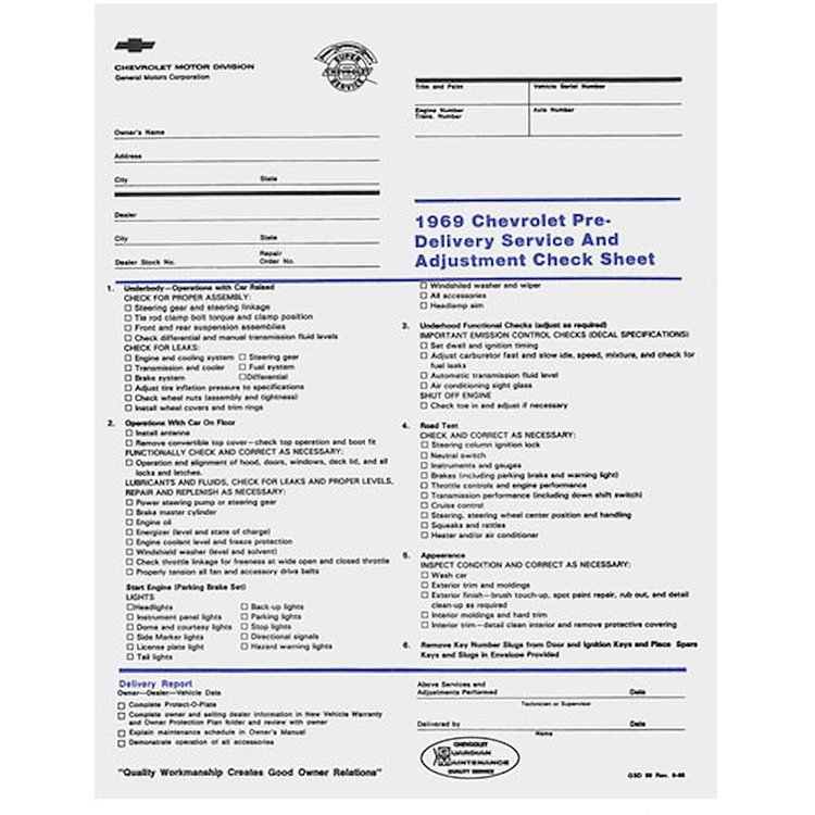 Pre Delivery Sheet 1969 Chevrolet