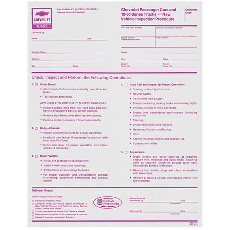 Inspection Sheet 1971-73 Chevrolet