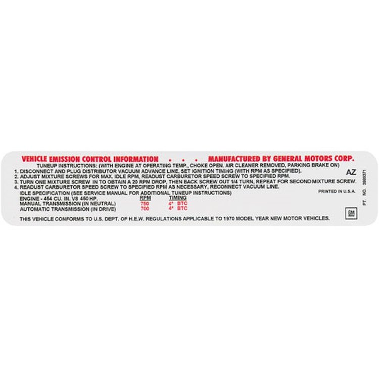 Decal 70 Chevelle/El Camino/Monte Carlo Emissions 454 450HP