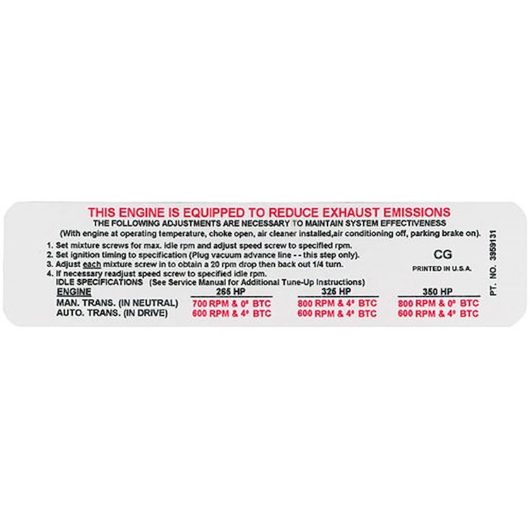 Decal 69 Chevelle/El Camino Emissions 396 265HP/396 325HP/396 350HP