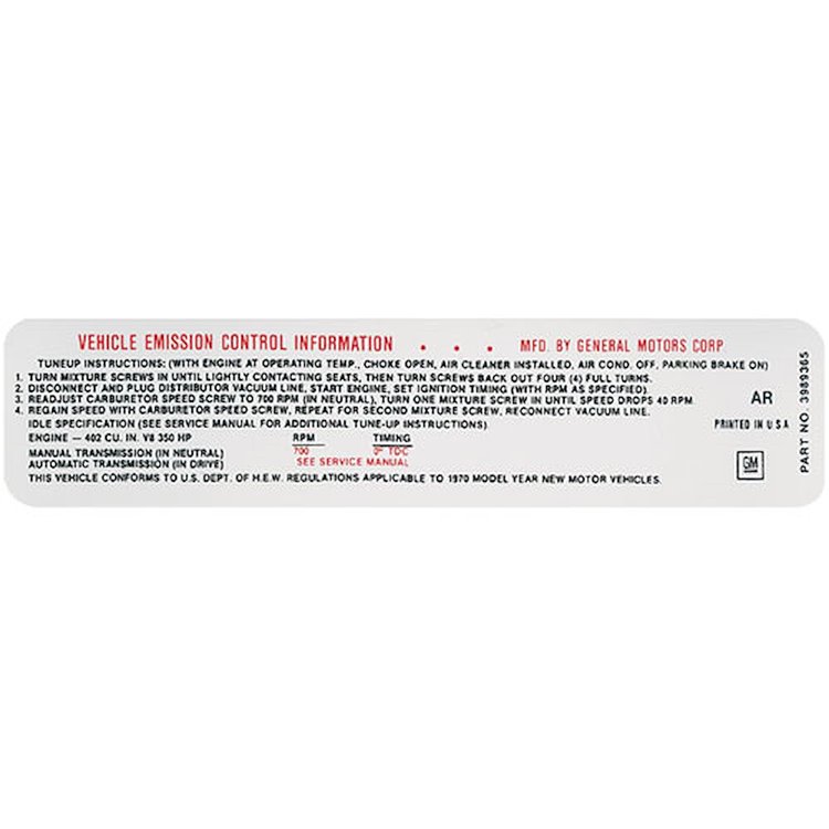 Decal 70 Chevelle/El Camino/Monte Carlo Emissions 402 350HP MT