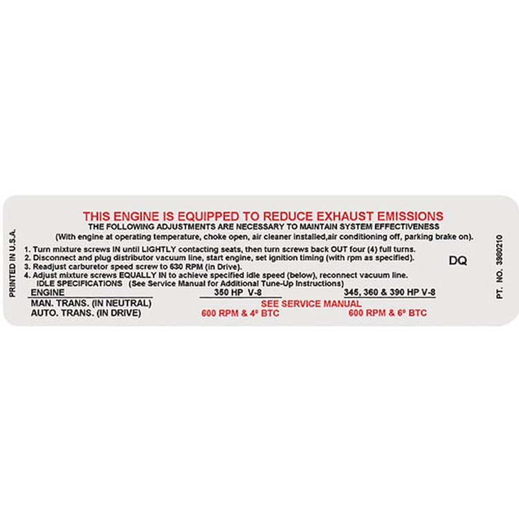 Decal 70 Chevelle/El Camino Emissions 396 350HP/454 345 360 390HP