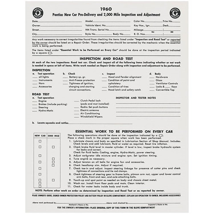 Sheet 60 Bonneville Catalina New Car Pre-Delivery Inspection