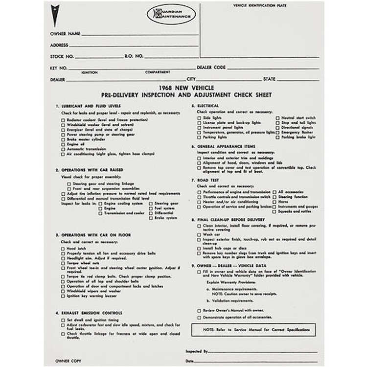 Sheet 68 Pontiac New Car Pre-Delivery Inspection