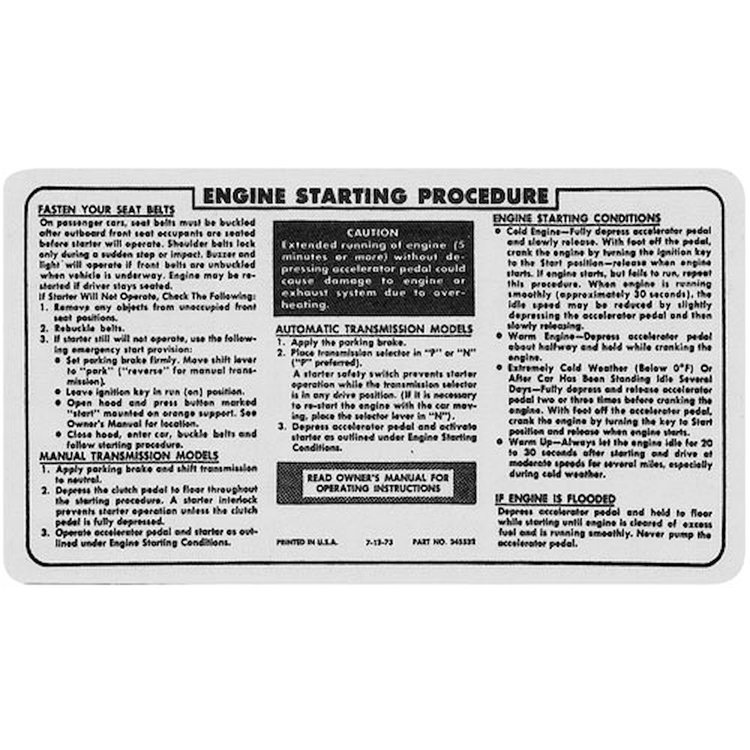 Decal 74-76 Pontiac Visor Starting Ignition Lock Instruction