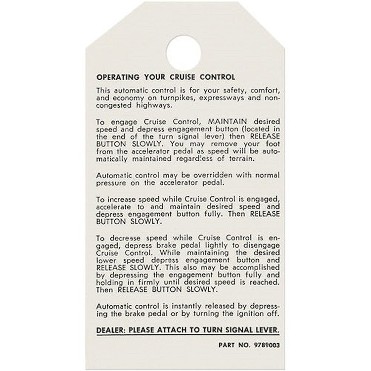 Tag 75-77 Bonneville Catalina Grand Prix Cruise Control Instruction